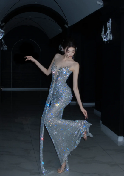 Sexy Sheath Silver Long Prom Dresses Glitter Tulle Birthday Dresses Silver Sleeveless Evening Dresses DP04162