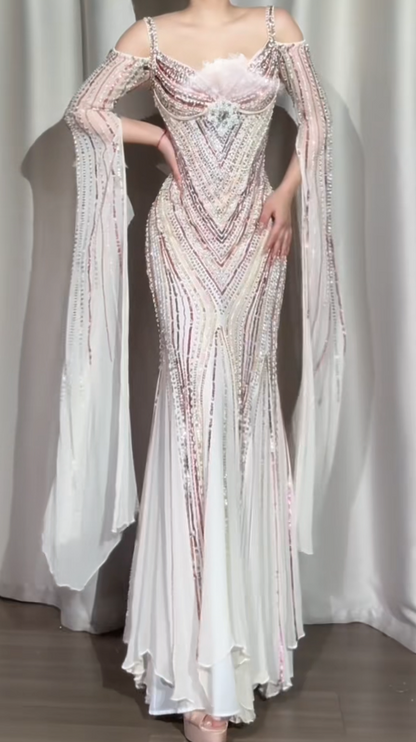 Vintage Sheath White Long Prom Dresses Chiffon Beaded White Evening Gowns DP04164