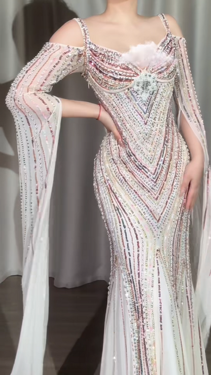 Vintage Sheath White Long Prom Dresses Chiffon Beaded White Evening Gowns DP04164