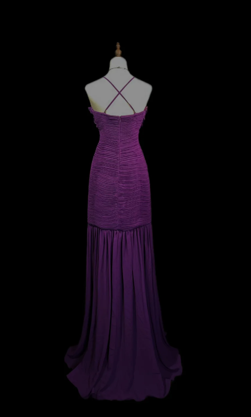 Elegant Spaghetti Straps Sheath Long  Prom Dresses Chiffon Purple Evening Dresses DP04165