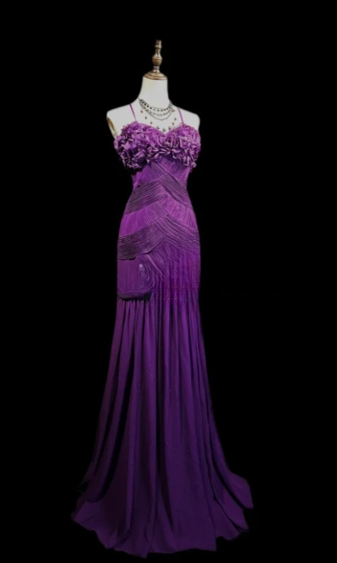 Elegant Spaghetti Straps Sheath Long  Prom Dresses Chiffon Purple Evening Dresses DP04165