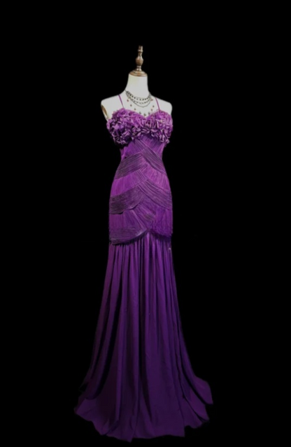 Elegant Spaghetti Straps Sheath Long  Prom Dresses Chiffon Purple Evening Dresses DP04165