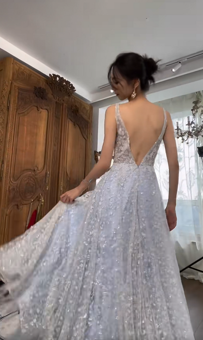 Fairy A-Line Pale Blue Long Prom Dresses Tulle Appliques  Sleeveless Evening Gowns DP04166