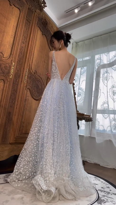 Fairy A-Line Pale Blue Long Prom Dresses Tulle Appliques  Sleeveless Evening Gowns DP04166