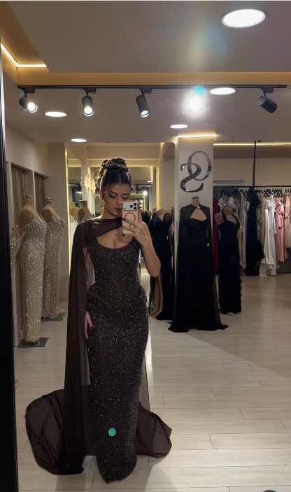 Glitter Sheath Brown Long Prom Dresses Chiffon Beaded Sleeveless Evening Gowns   DP04171