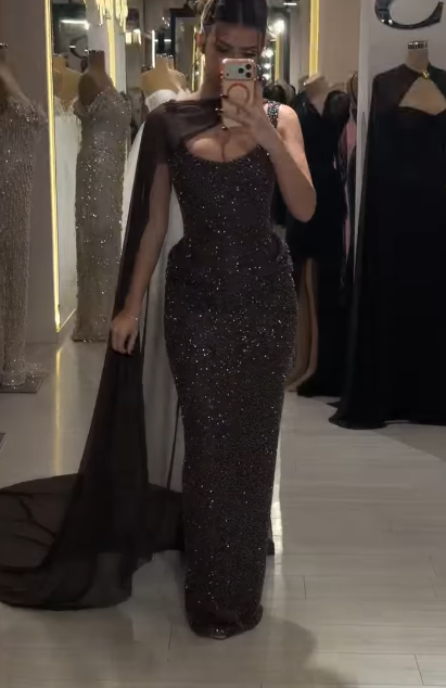 Glitter Sheath Brown Long Prom Dresses Chiffon Beaded Sleeveless Evening Gowns   DP04171