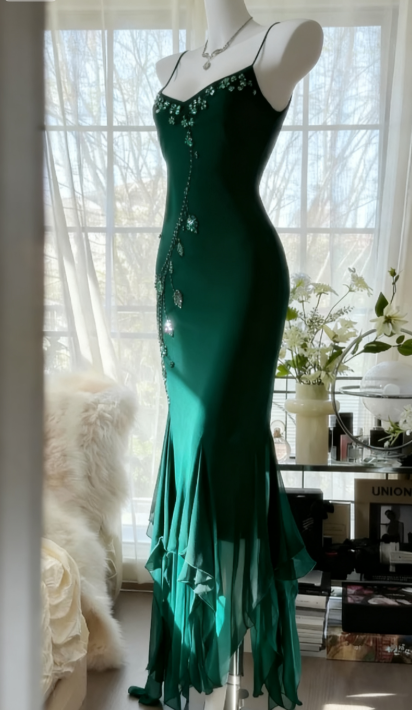 Chic Spaghetti Straps Sheath Long Prom Dresses Chiffon Beaded Dark Green Evening Gowns  Sleeveless Birthday Dresses  DP04173