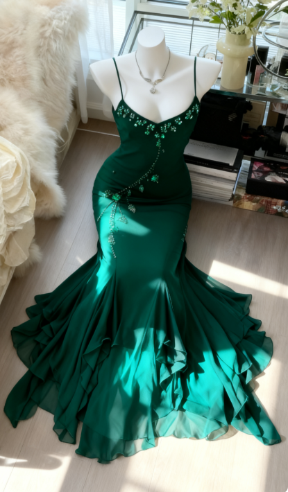 Chic Spaghetti Straps Sheath Long Prom Dresses Chiffon Beaded Dark Green Evening Gowns  Sleeveless Birthday Dresses  DP04173