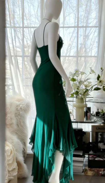 Chic Spaghetti Straps Sheath Long Prom Dresses Chiffon Beaded Dark Green Evening Gowns  Sleeveless Birthday Dresses  DP04173