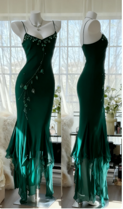 Chic Spaghetti Straps Sheath Long Prom Dresses Chiffon Beaded Dark Green Evening Gowns  Sleeveless Birthday Dresses  DP04173