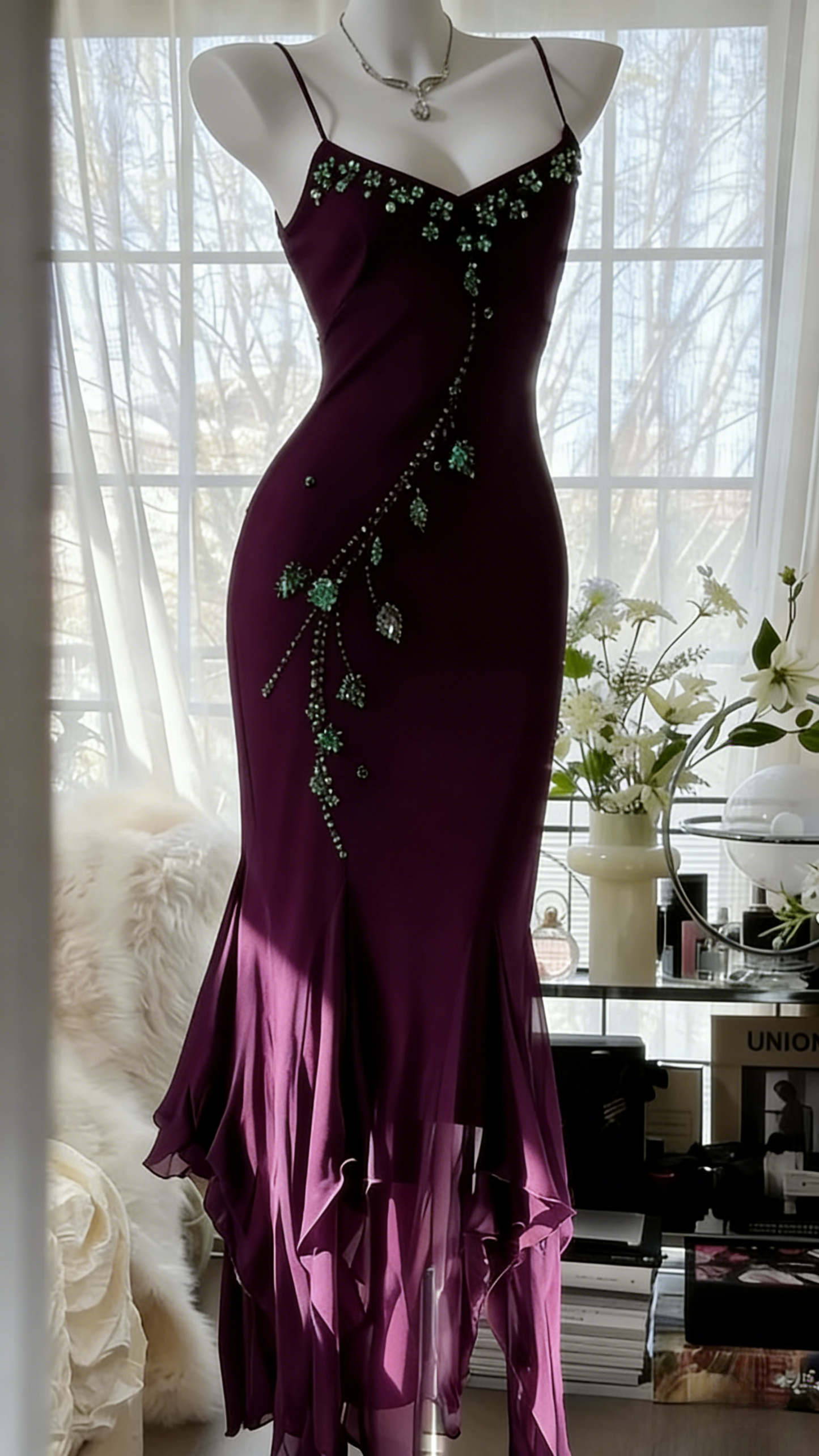 Chic Spaghetti Straps Sheath Long Prom Dresses Chiffon Beaded Dark Green Evening Gowns  Sleeveless Birthday Dresses  DP04173