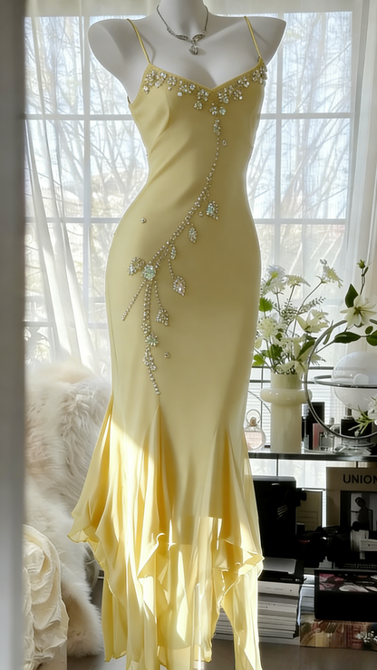 Chic Spaghetti Straps Sheath Long Prom Dresses Chiffon Beaded Dark Green Evening Gowns  Sleeveless Birthday Dresses  DP04173