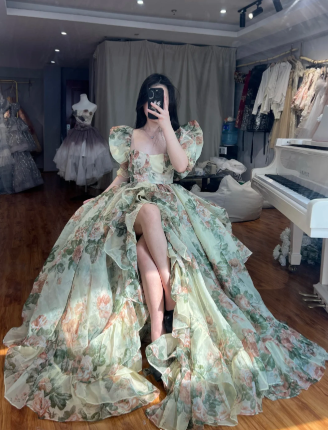 Chic Square Neck A-Line Long Prom Dresses with Slits Tulle Floral Green Evening Gowns Green Formal Dresses DP04175