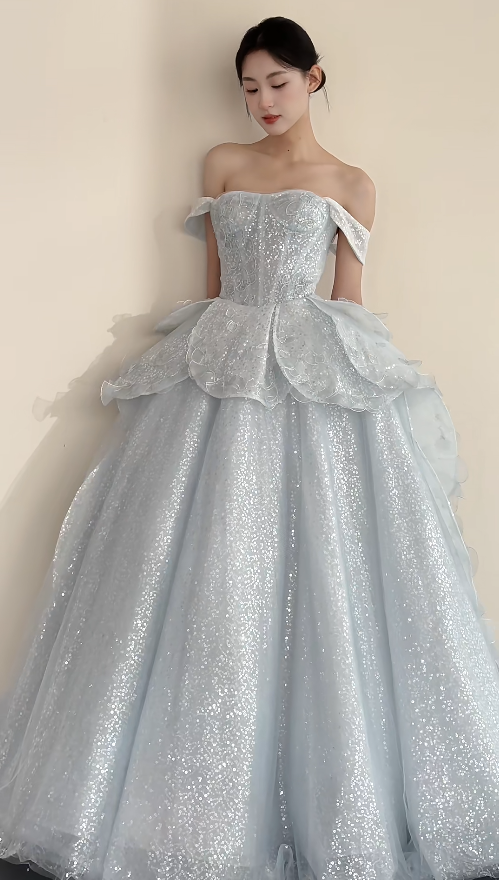 Chic Straps A-Line Long Prom Dresses Glitter Tulle Silver Evening Gowns Silver Formal Dresses DP04176