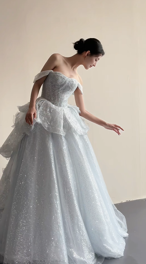 Chic Straps A-Line Long Prom Dresses Glitter Tulle Silver Evening Gowns Silver Formal Dresses DP04176