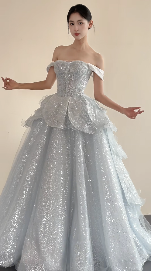 Chic Straps A-Line Long Prom Dresses Glitter Tulle Silver Evening Gowns Silver Formal Dresses DP04176