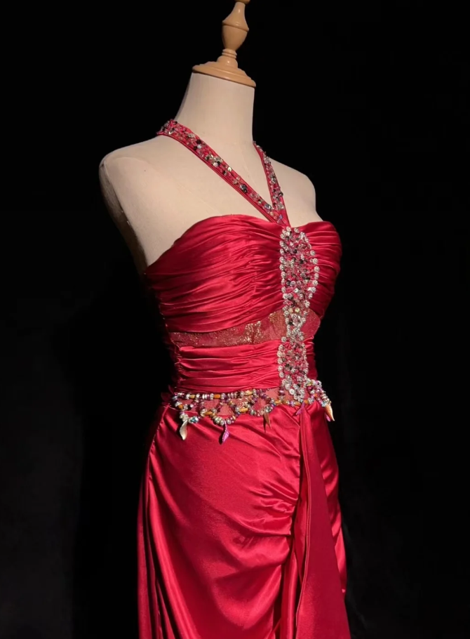 Chic V-neck Sheath Long Prom Dresses Satin Burgundy Evening Gowns Sleeveless Formal Dresses DP04177