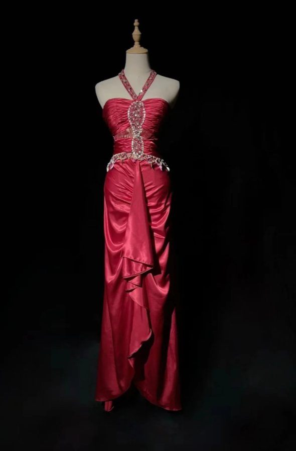 Chic V-neck Sheath Long Prom Dresses Satin Burgundy Evening Gowns Sleeveless Formal Dresses DP04177