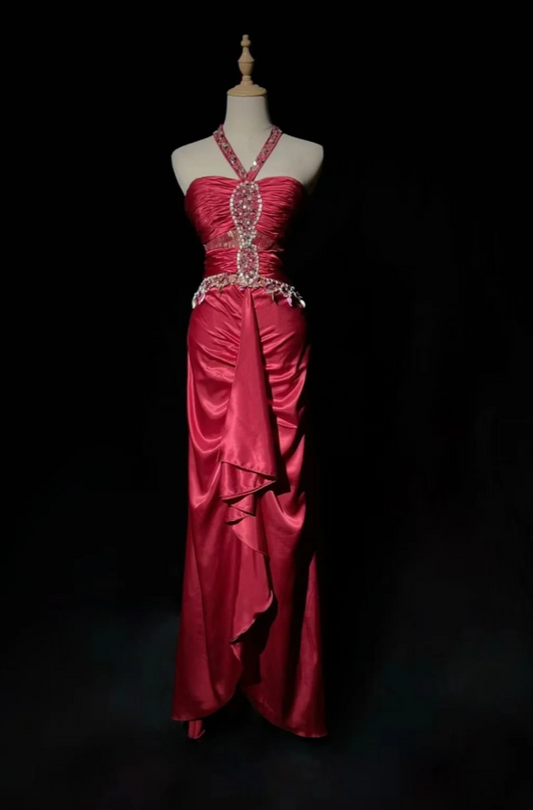 Chic V-neck Sheath Long Prom Dresses Satin Burgundy Evening Gowns Sleeveless Formal Dresses DP04177