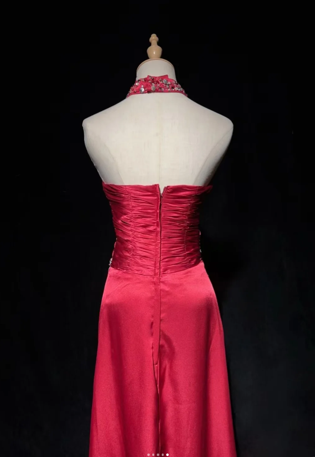 Chic V-neck Sheath Long Prom Dresses Satin Burgundy Evening Gowns Sleeveless Formal Dresses DP04177