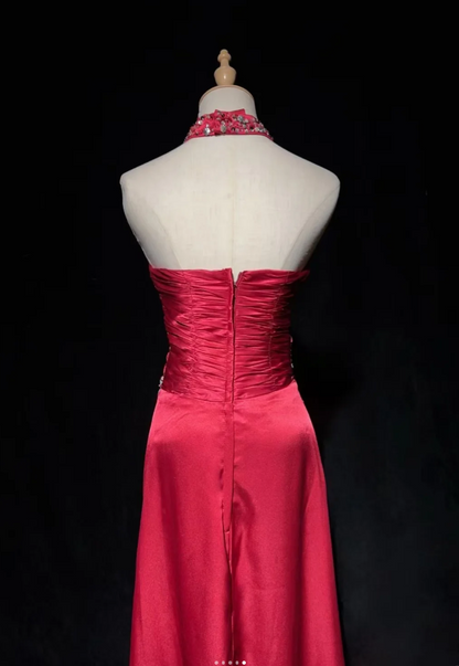 Chic V-neck Sheath Long Prom Dresses Satin Burgundy Evening Gowns Sleeveless Formal Dresses DP04177