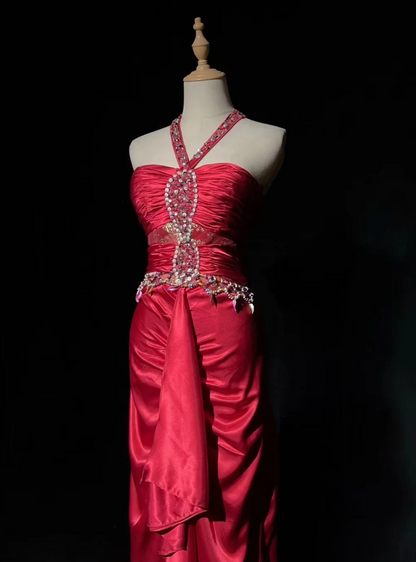 Chic V-neck Sheath Long Prom Dresses Satin Burgundy Evening Gowns Sleeveless Formal Dresses DP04177