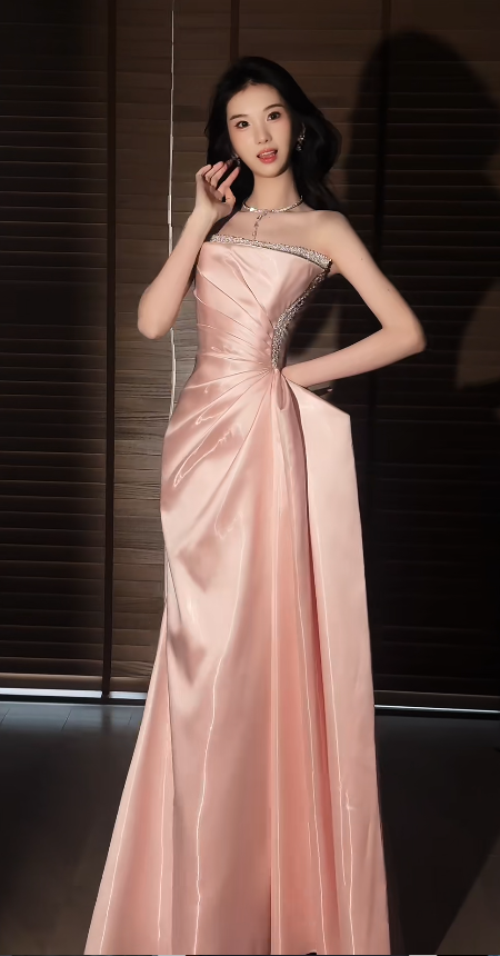 Chic Strapless Sheath Long Prom Dresses Satin Pink Evening Gowns Sleeveless Formal Dresses DP04178