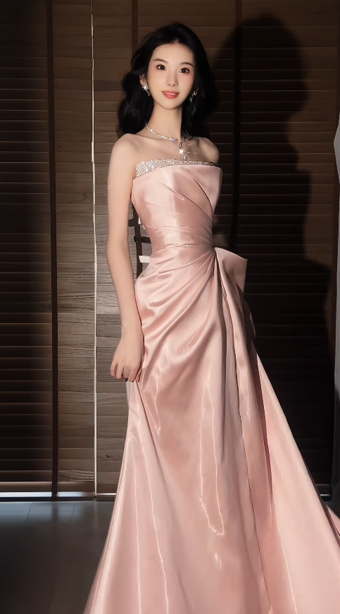 Chic Strapless Sheath Long Prom Dresses Satin Pink Evening Gowns Sleeveless Formal Dresses DP04178