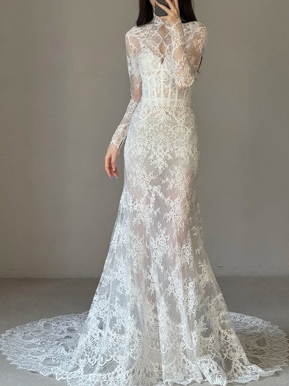 Elegant Mermaid Long Wedding Dresses Lace Appliques White Bridal Gowns DP04181