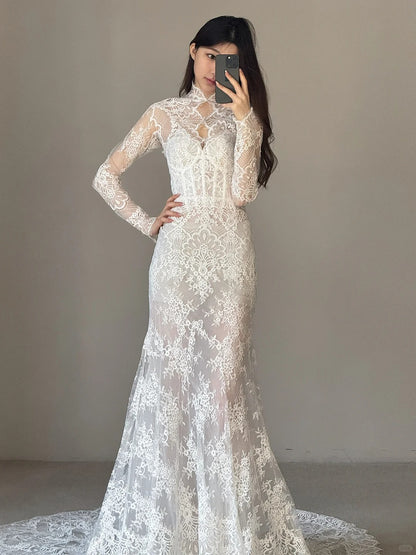 Elegant Mermaid Long Wedding Dresses Lace Appliques White Bridal Gowns DP04181