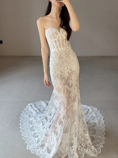 Elegant Mermaid Long Wedding Dresses Lace Appliques White Bridal Gowns DP04181