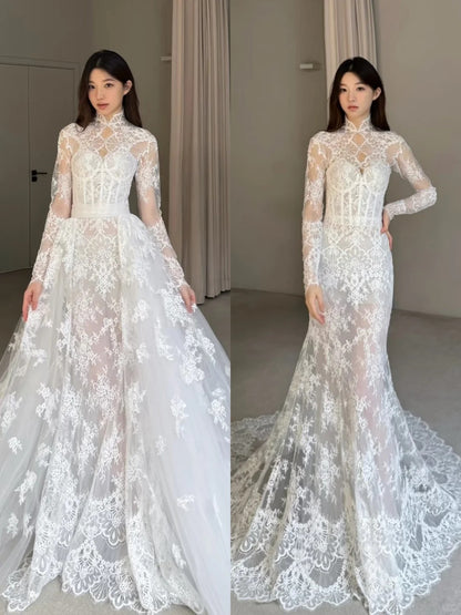 Elegant Mermaid Long Wedding Dresses Lace Appliques White Bridal Gowns DP04181