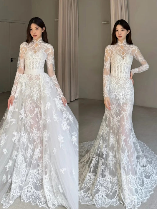 Elegant Mermaid Long Wedding Dresses Lace Appliques White Bridal Gowns DP04181