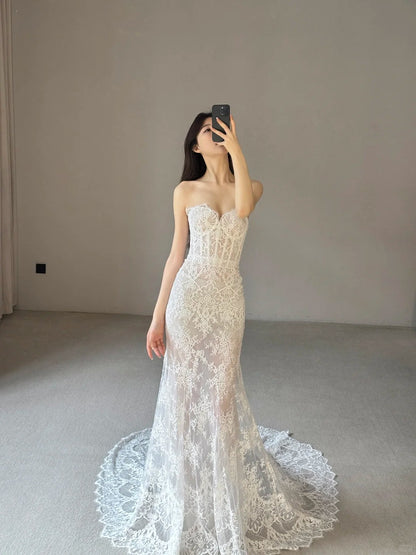 Elegant Mermaid Long Wedding Dresses Lace Appliques White Bridal Gowns DP04181