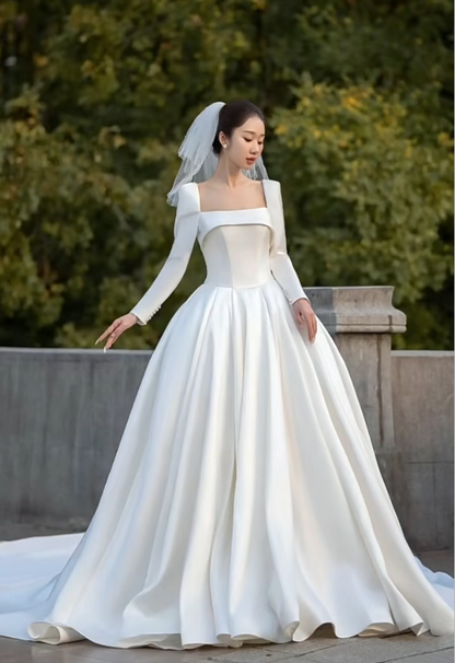 Simple Square Neck A-Line Long Wedding Dresses Satin White Bridal Gowns Long Sleeves Bridal Dresses DP04185