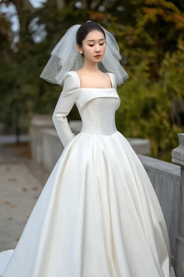 Simple Square Neck A-Line Long Wedding Dresses Satin White Bridal Gowns Long Sleeves Bridal Dresses DP04185