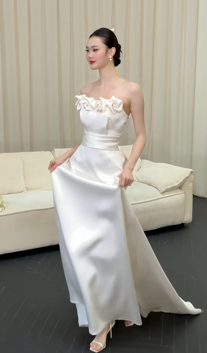Simple Strapless Sheath Long Wedding Dresses Satin White Bridal Gowns Sleeveless Bridal Dresses DP04186