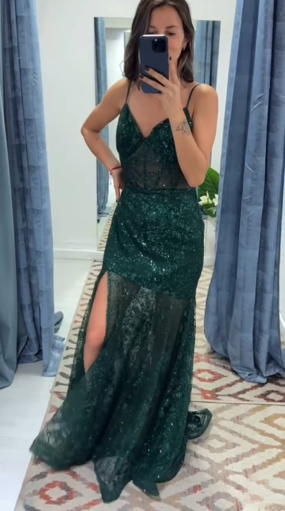 Elegant Spaghetti Straps Sheath Green Prom Dresses Sequins Tulle Long Evening Dresses with Slits DP04191