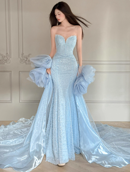 Elegant Sweetheart Mermaid Blue Prom Dresses Beaded Tulle Long Evening Dresses  DP04192