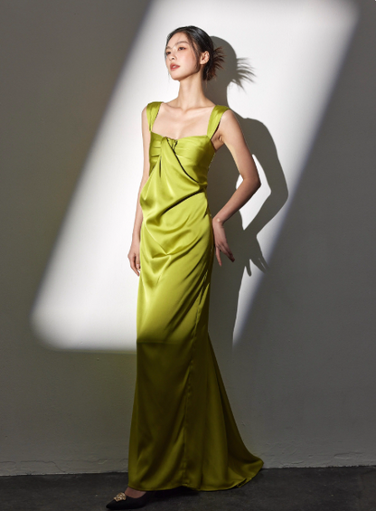 Elegant Straps Sheath Green Prom Dresses Satin Sleeveless Long Evening Dresses  DP04194
