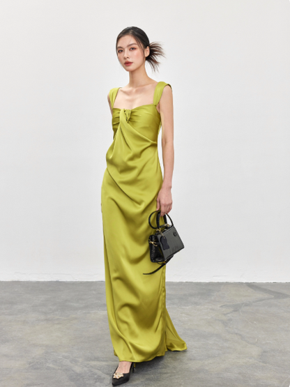 Elegant Straps Sheath Green Prom Dresses Satin Sleeveless Long Evening Dresses  DP04194