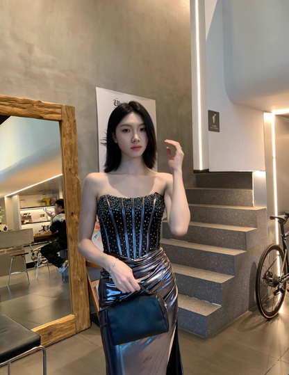 Elegant Strapless Sheath Dark Gray Prom Dresses Beaded Satin Sleeveless Long Evening Dresses   DP04195