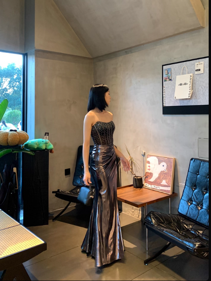 Elegant Strapless Sheath Dark Gray Prom Dresses Beaded Satin Sleeveless Long Evening Dresses   DP04195