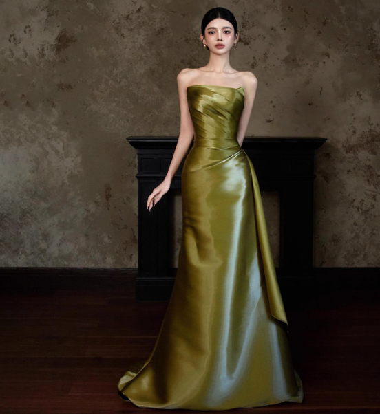 Chic Strapless Sheath Olive Green Prom Dresses Satin Sleeveless Long Evening Dresses DP04196