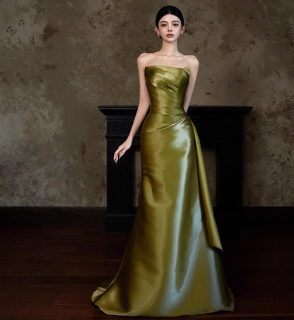 Chic Strapless Sheath Olive Green Prom Dresses Satin Sleeveless Long Evening Dresses DP04196