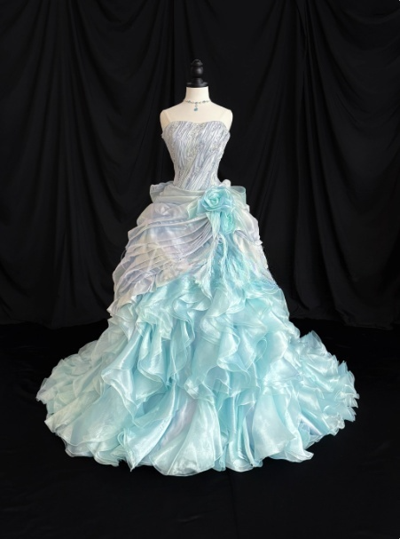 Chic Strapless Ball Gown Blue Long Prom Dresses Tulle Sleeveless Birthday Dresses Blue Quinceanera Dresses DP04201