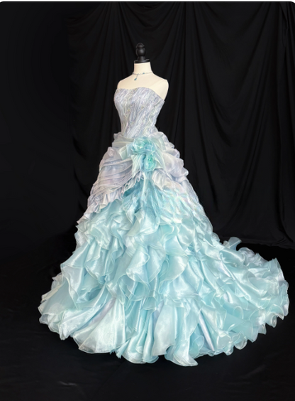 Chic Strapless Ball Gown Blue Long Prom Dresses Tulle Sleeveless Birthday Dresses Blue Quinceanera Dresses DP04201