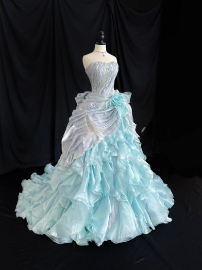 Chic Strapless Ball Gown Blue Long Prom Dresses Tulle Sleeveless Birthday Dresses Blue Quinceanera Dresses DP04201