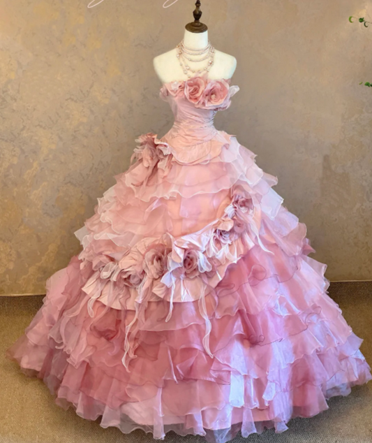 Gorgeous Strapless Ball Gown Pink Long Prom Dresses Tulle Sleeveless Birthday Dresses Applique Pink Quinceanera Dresses DP04204