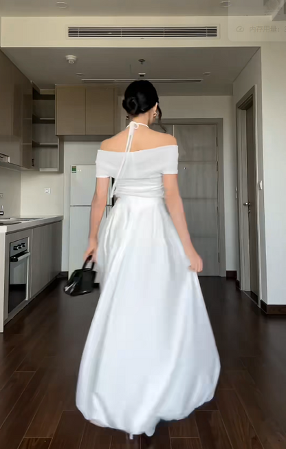 Simple Off-shoulder A-Line White Wedding Guest Dresses Chiffon Sleeveless Evening Dresses DP04207